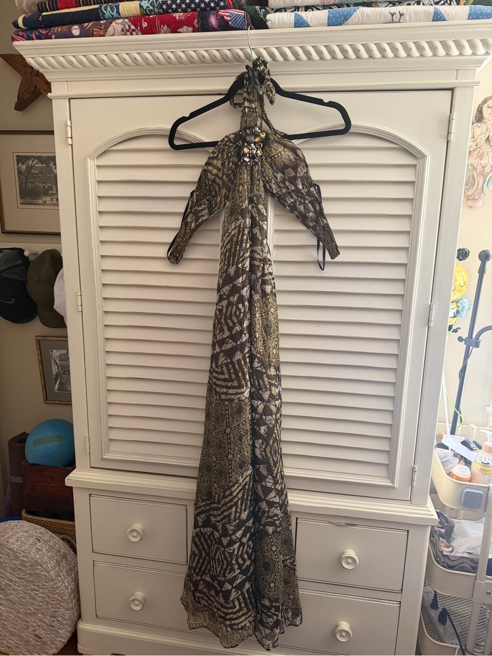 BCBGMaxAzria Black and Gold Patterned Halter Dress